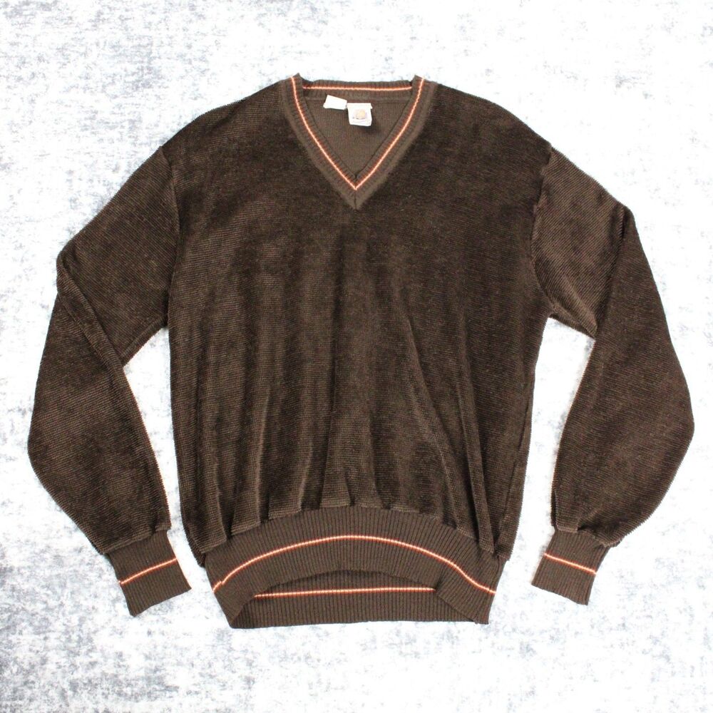 VTG Kennington California Mens M Brown Velour Sweater Shirt 60s 70s V Neck